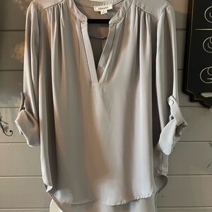 Zenana Gray Cuffed Sleeve Blouse with Mandarin Collar